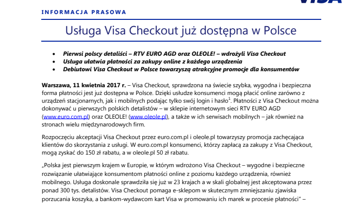 Usługa Visa Checkout już dostępna w Polsce