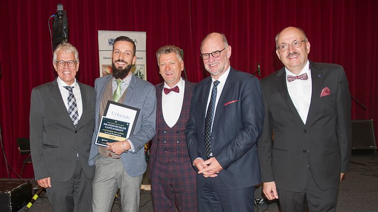 v.l.n.r.: Dieter Hütte (TMB), Benjamin Barthelt (Hermanns Restaurant), Olaf Schöpe (pro gastra Gastgewerbe), Martin Linsen (MWE), Olaf Lücke (DEHOGA Brandenburg). Foto: Yvonne Fischer Fotografie.     