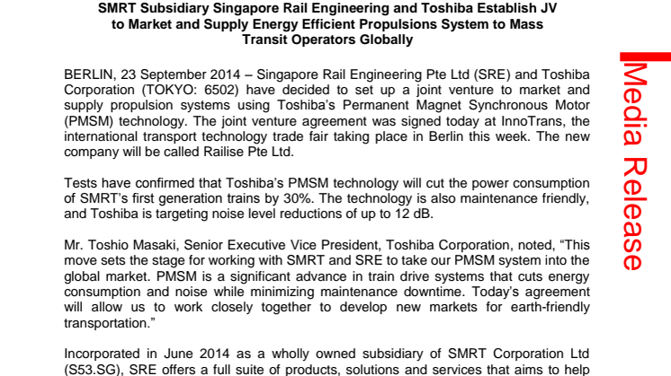 SMRT Subsidiary Singapore Rail Engineering and Toshiba Establish JV to Market and Supply Energy Efficient Propulsions System to Mass Transit Operators Globally