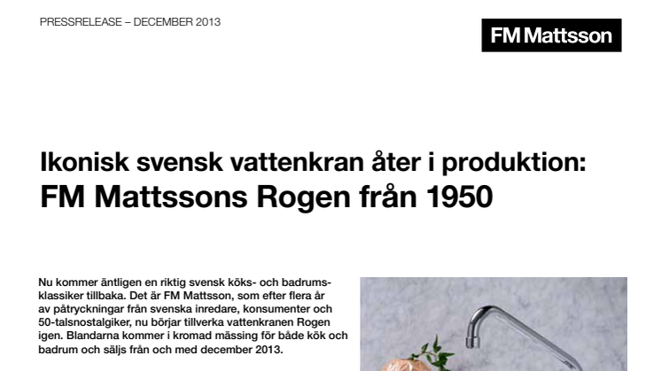 Ikonisk svensk vattenkran åter i produktion: FM Mattsson Rogen från 1950