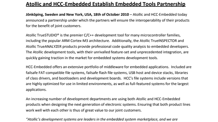 Atollic and HCC-Embedded establish partnership