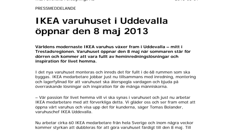 IKEA varuhuset i Uddevalla öppnar den 8 maj 2013