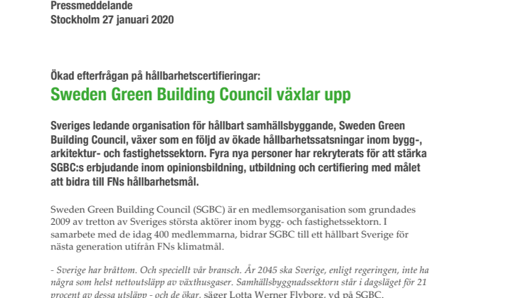 Ökad efterfrågan på hållbarhetscertifieringar: Sweden Green Building Council växlar upp