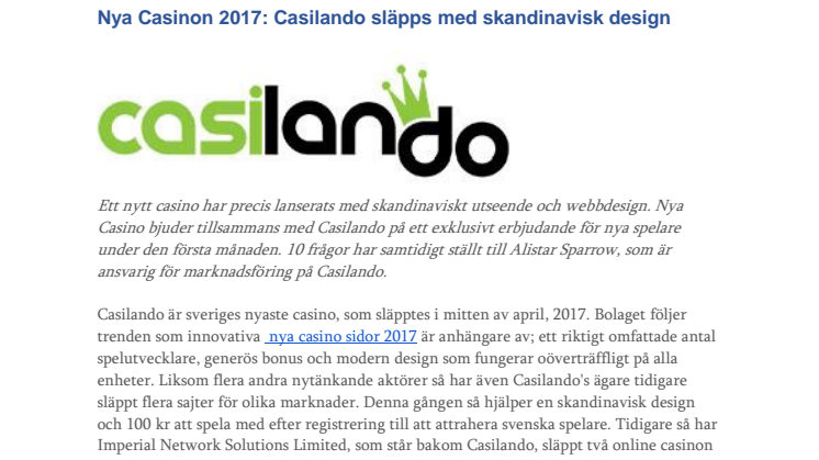 Nya Casinon 2017: Casilando släpps med skandinavisk design
