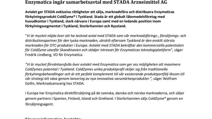 Enzymatica ingår samarbetsavtal med STADA Arzneimittel AG