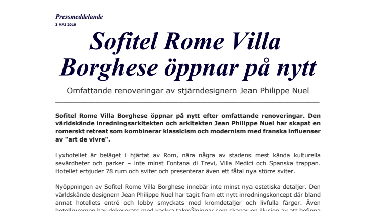 Sofitel Rome Villa  Borghese öppnar på nytt