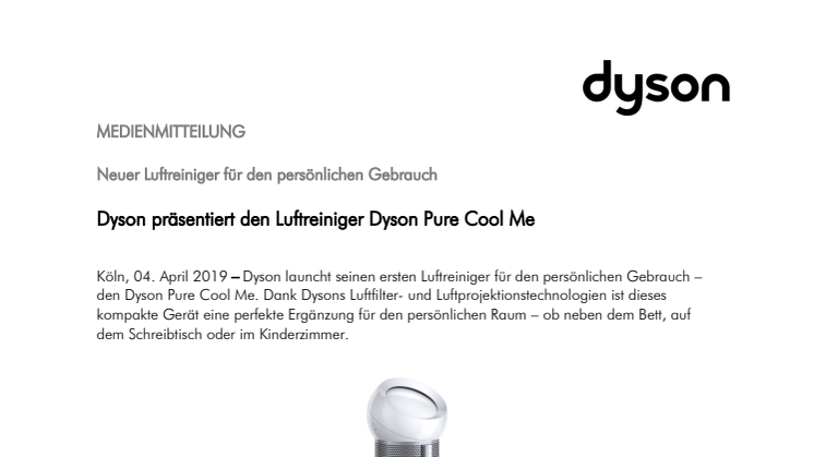 Neuer Luftreiniger für den persönlichen Gebrauch: Dyson präsentiert den Luftreiniger Dyson Pure Cool Me