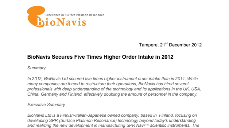 BioNavis Secures Five Times Higher Order Intake in 2012