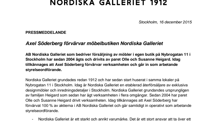 Axel Söderberg förvärvar möbelbutiken Nordiska Galleriet 