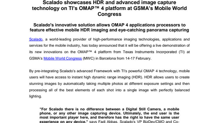 Scalado showcases HDR and advanced image capture technology on TI’s OMAP™ 4 platform at GSMA’s Mobile World Congress