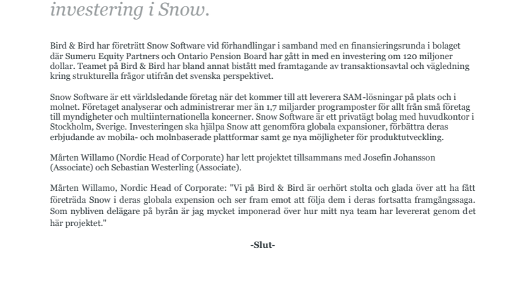 Bird & Bird företrädde Snow Software vid Sumeru Equity Partners och Ontario Pension Boards investering i Snow