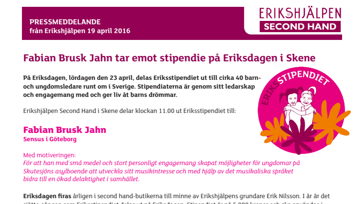 Fabian Brusk Jahn är årets Eriksstipendiat i Skene