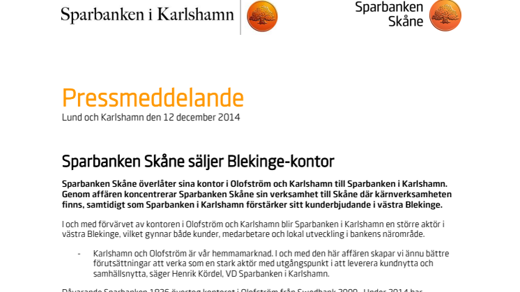 Sparbanken Skåne säljer Blekinge-kontor