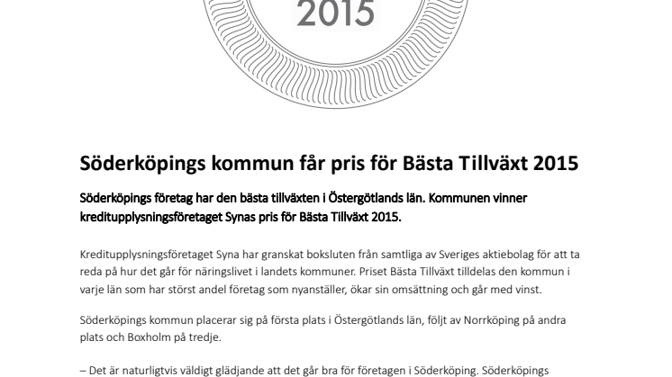 Söderköpings kommun får pris för Bästa Tillväxt 2015