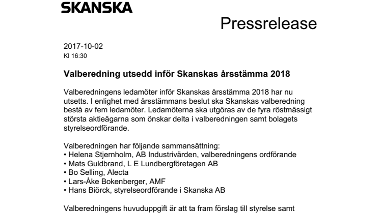 Valberedning utsedd inför Skanskas årsstämma 2018