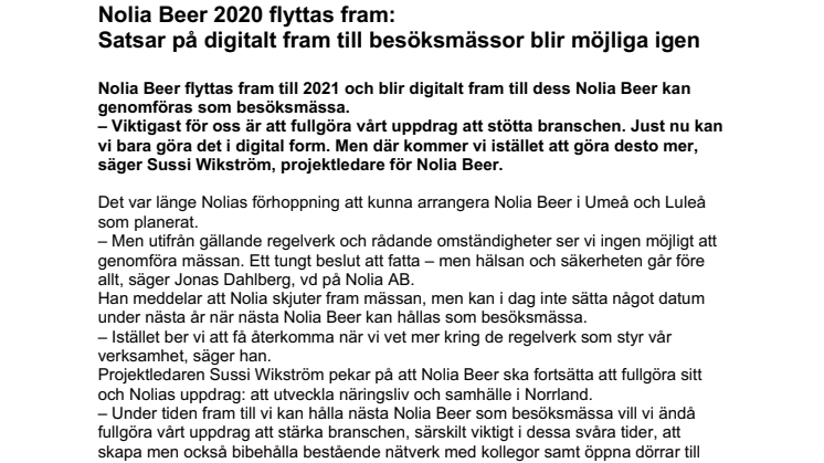 Nolia Beer 2020 flyttas fram: Satsar på digitalt fram till besöksmässor blir möjliga igen