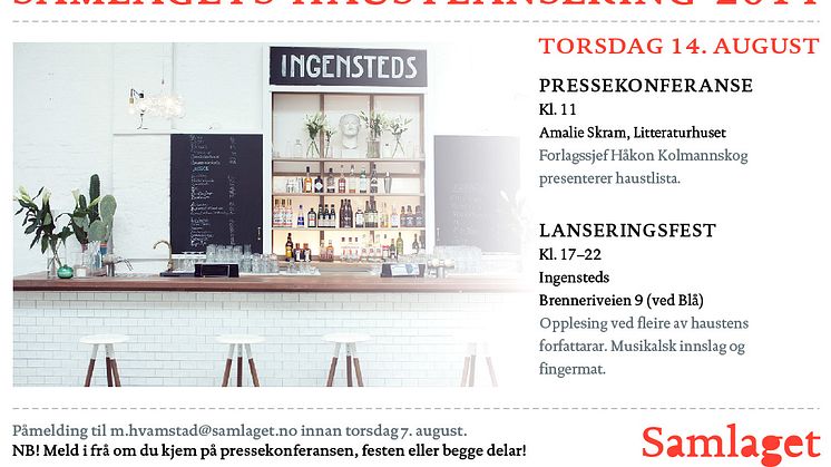 Samlaget lanserer haustlista 14.8. kl 11 på Litteraturhuset