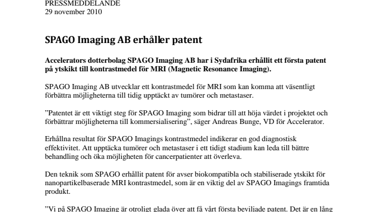 SPAGO Imaging AB erhåller patent