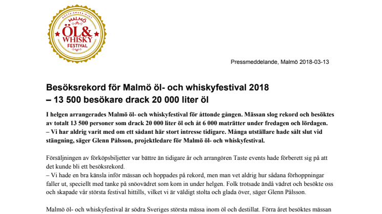Besöksrekord för Malmö öl- och whiskyfestival 2018 – 13 500 besökare drack 20 000 liter öl
