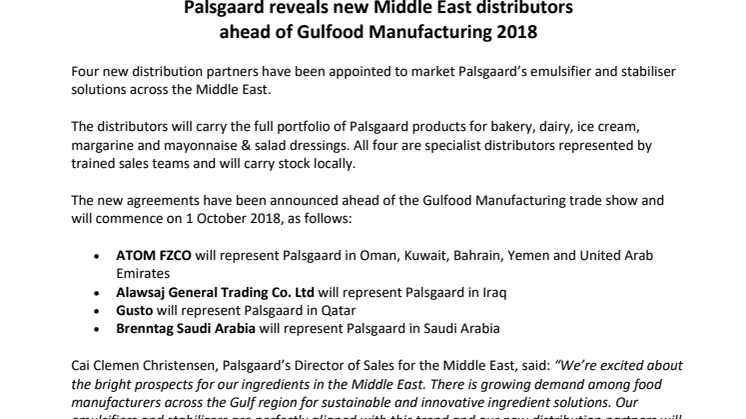 Press Release – Palsgaard reveals new Middle East distributors ahead of Gulfood Manufacturing 2018