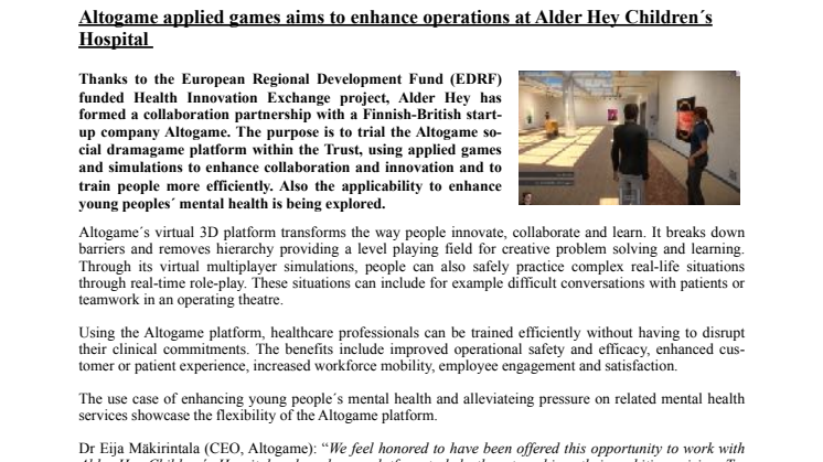 Altogame applied games aims to enhance operations at Alder Hey Children´s Hospital