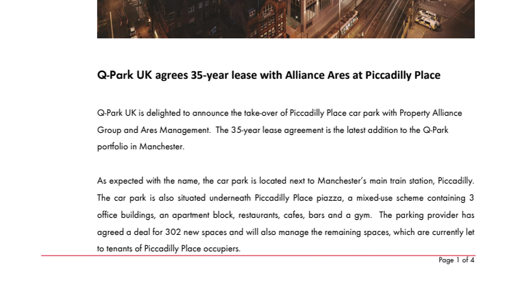 Q-Park UK agrees 35-year lease with Alliance Ares at Piccadilly Place 