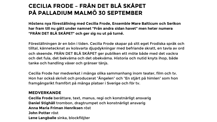 Cecilia Frode i nya föreställningen FRÅN DET BLÅ SKÅPET på Palladium Malmö 30 september