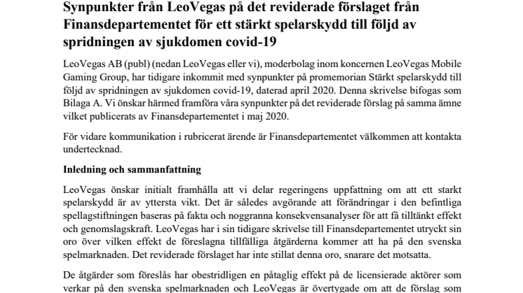 Synpunkter från LeoVegas på det reviderade förslaget från Finansdepartementet för ett stärkt spelarskydd till följd av spridningen av sjukdomen covid-19. Inlämnat 2020-06-05.