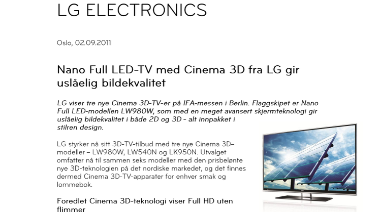 Nano Full LED-TV med Cinema 3D fra LG gir uslåelig bildekvalitet