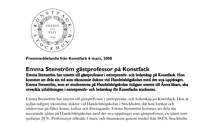 Emma Stenström gästprofessor på Konstfack