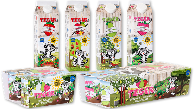Tigers barnyoghurt - hela sortimentet har nu fått lägre sockerinnehåll och en ny lekfull design.
