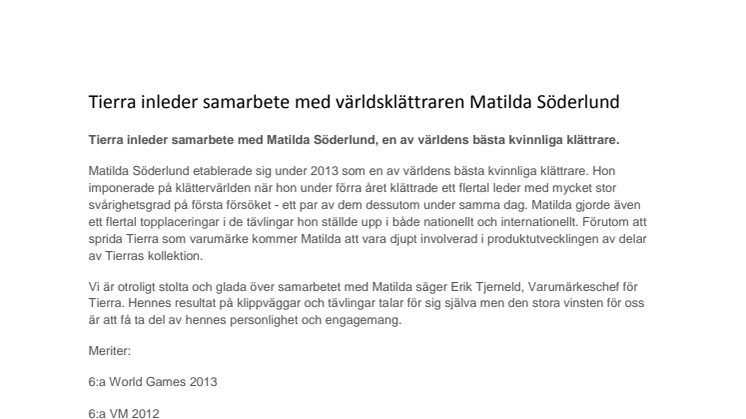 Tierra inleder samarbete med världsklättraren Matilda Söderlund 