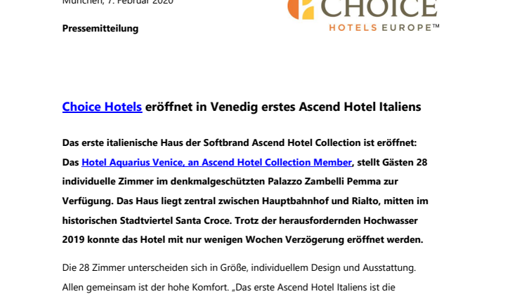  Choice Hotels eröffnet in Venedig erstes Ascend Hotel Italiens