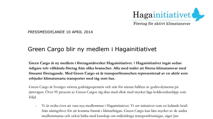 Green Cargo blir ny medlem i Hagainitiativet
