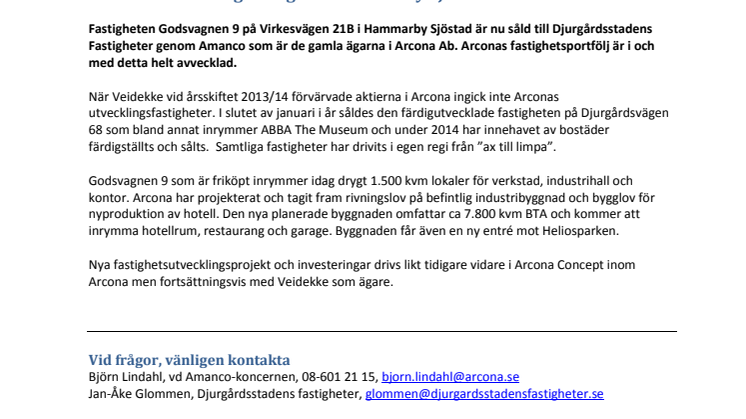Arconas utvecklingsfastighet i Hammarby Sjöstad såld