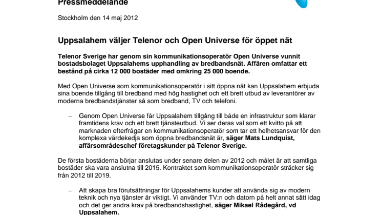 Uppsalahem väljer Telenor Sverige och Open Universe för öppet nät