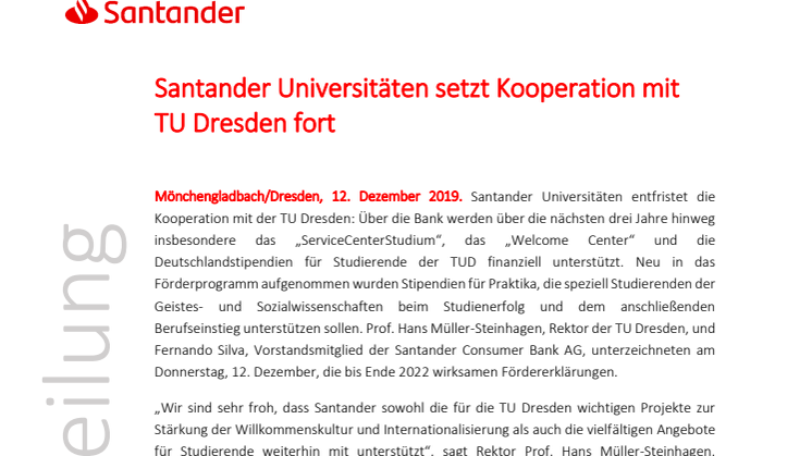 Santander Universitäten setzt Kooperation mit TU Dresden fort 