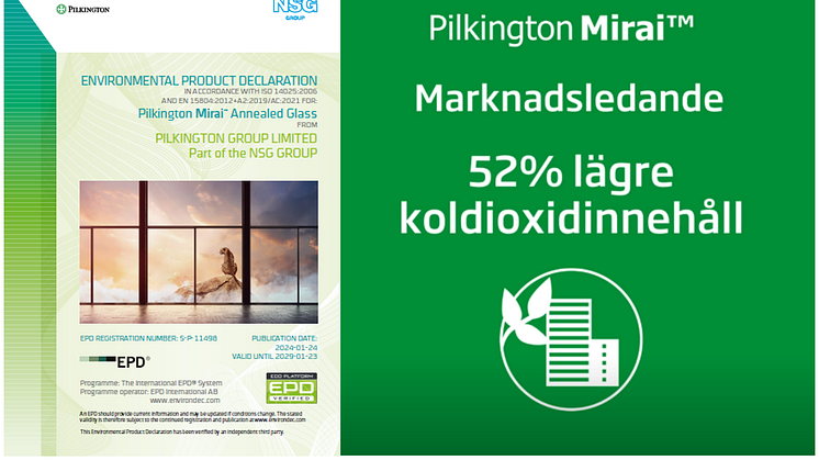Pilkington Mirai™, som produceras av NSG Group, har verifierats av oberoende tredje part att ha 52% lägre inbäddad mängd koldioxid jämfört med standard floatglas.