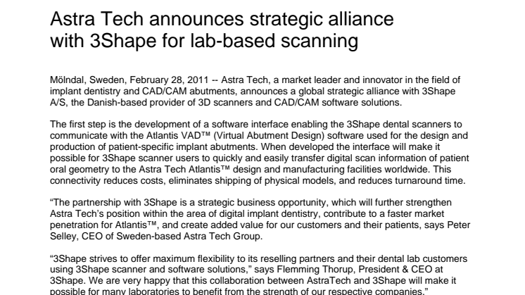 Astra Tech announces strategic alliance with 3Shape for lab-based scanning