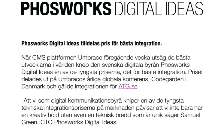 Phosworks Digital Ideas tilldelas pris för bästa integration.  