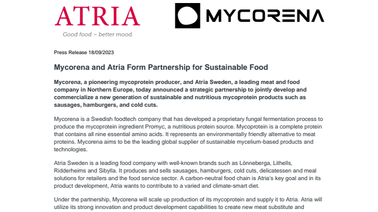 Mycorena and Atria Form Partnership for Sustainable Food 