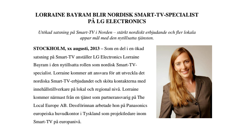 LORRAINE BAYRAM BLIR NORDISK SMART-TV-SPECIALIST PÅ LG ELECTRONICS