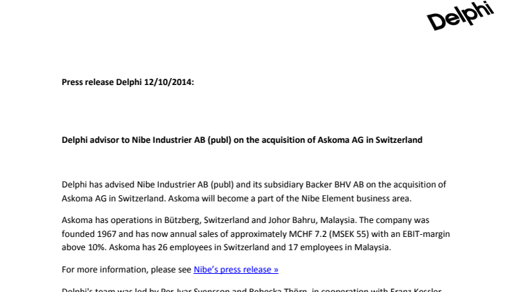 Delphi advisor to Nibe Industrier AB (publ) on the acquisition of Askoma AG in Switzerland