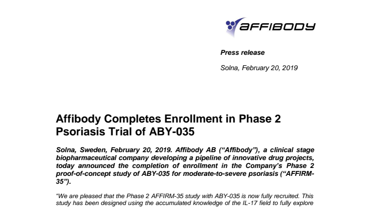 Affibody Completes Enrollment in Phase 2 Psoriasis Trial of ABY-035