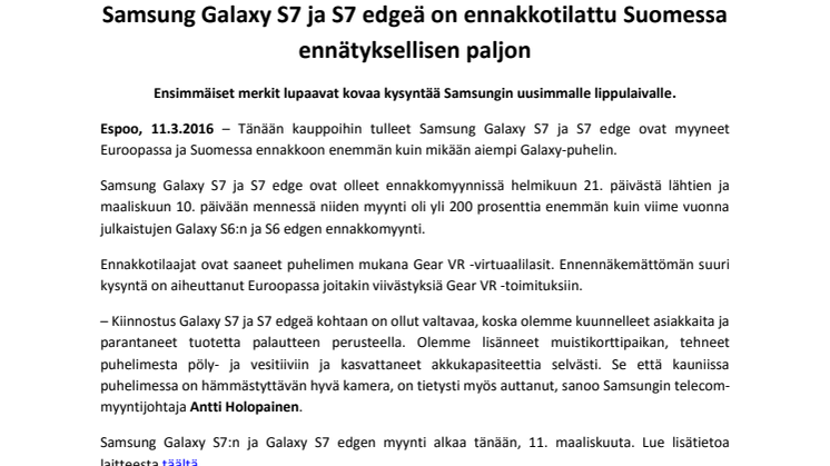 Samsung Galaxy S7 ja S7 edgeä on ennakkotilattu Suomessa ennätyksellisen paljon 