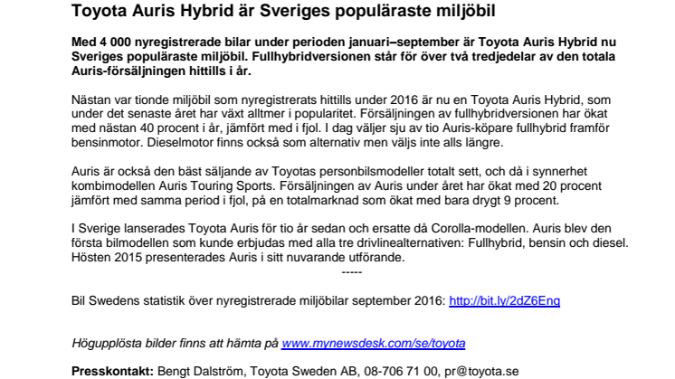 Toyota Auris Hybrid är Sveriges populäraste miljöbil