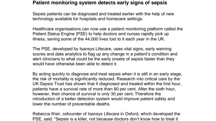 Patient monitoring system detects early signs of sepsis