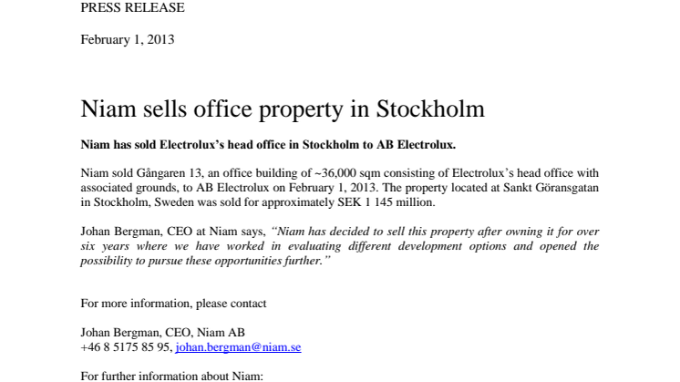 Niam sells office property in Stockholm