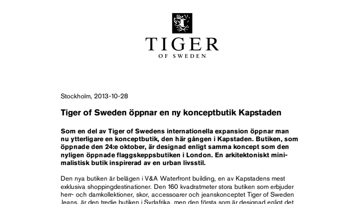 Tiger of Sweden öppnar en ny konceptbutik Kapstaden