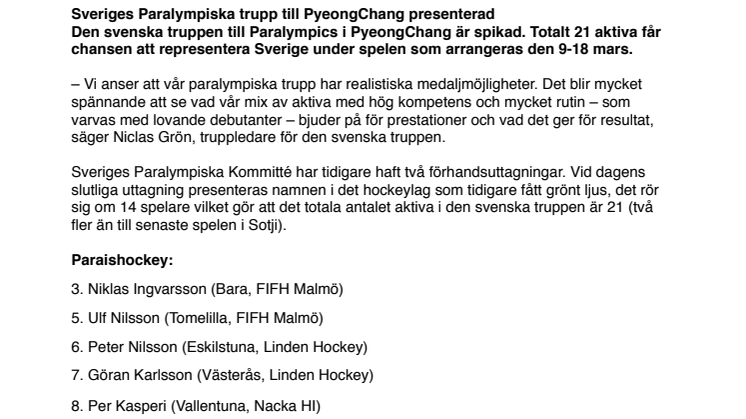 ​Sveriges Paralympiska trupp till PyeongChang presenterad